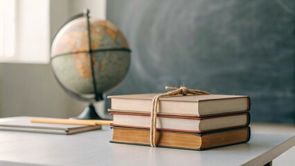 The soft glow of light illuminates a stack of books and a single book on a wooden surface, with a vintage globe and a chalkboard in the background, suggesting a rich learning environment