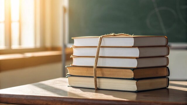 A stack of five books, with mixed new and old appearances, is neatly tied with twine and sits on a wooden desk, bathed in warm sunlight, with a blurred window and chalkboard in the background