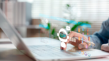 Futuristic interface of Large Language Model (LLM) with chatbot icon, code window, and neural...