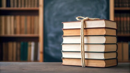 A close-up of three books tied together, signifying the value of knowledge and tradition, set on a bright desk with a modern library interior softly blurred in the background