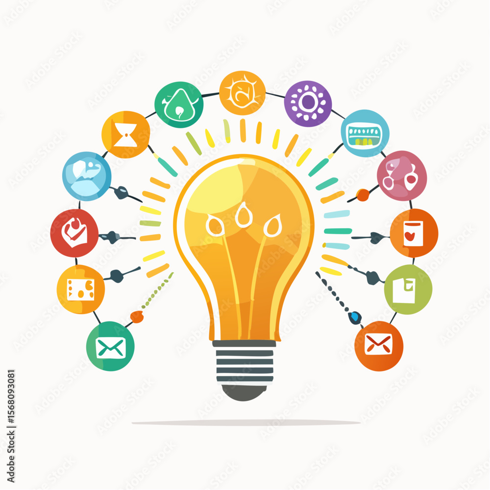 Poster creative lightbulb with colorful icons representing ideas and innovation on white background