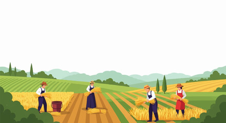 Sunny Countryside Landscape with Farmers Working and Wide Sky Space for Text in Flat Style © Purnomo