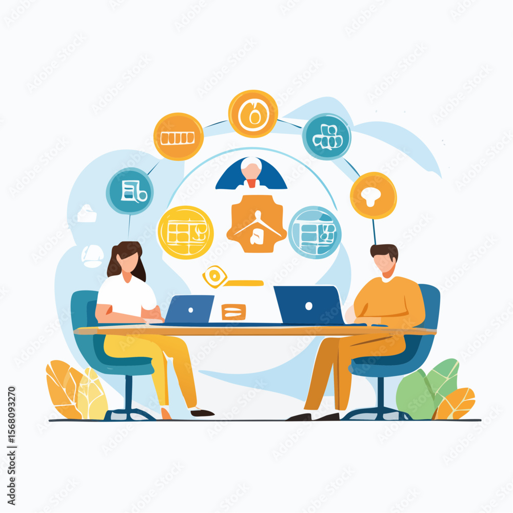 Poster illustration of two people working on laptops at a table with abstract design elements.
