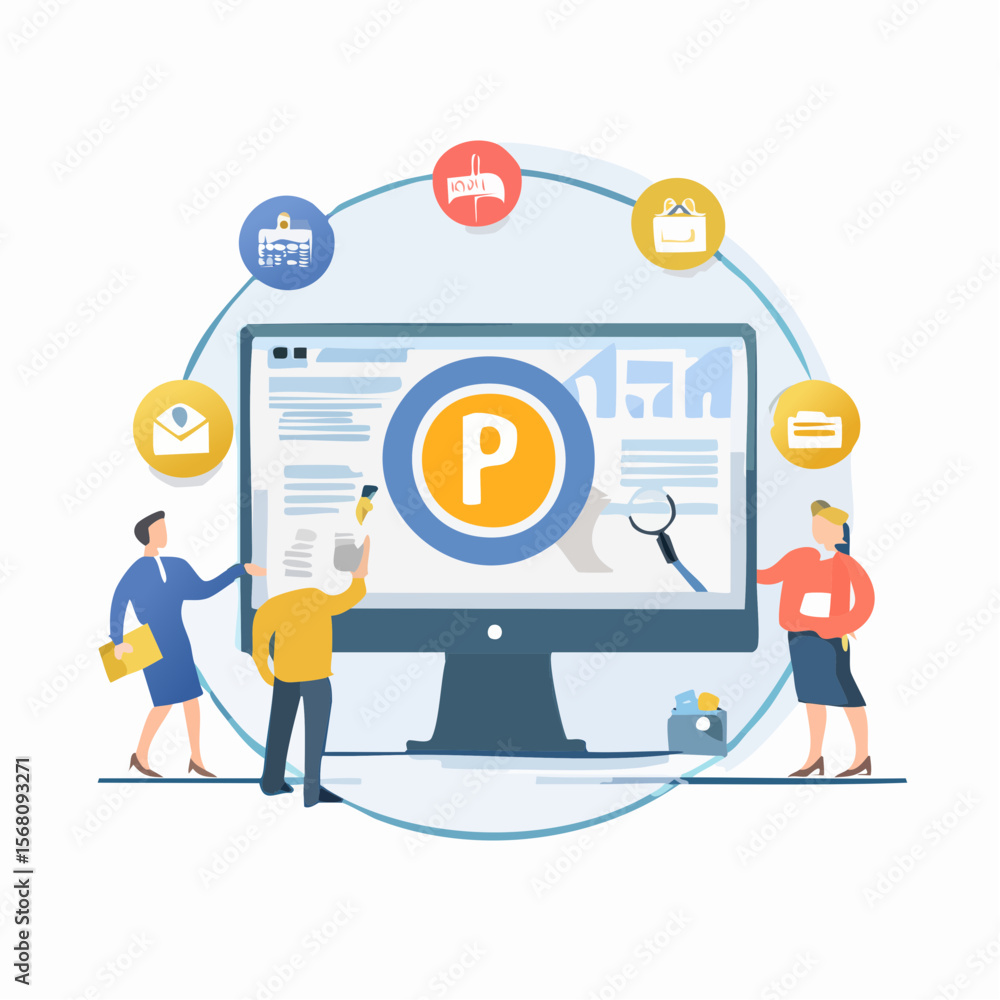Poster illustration of people working with a computer and various related icons.