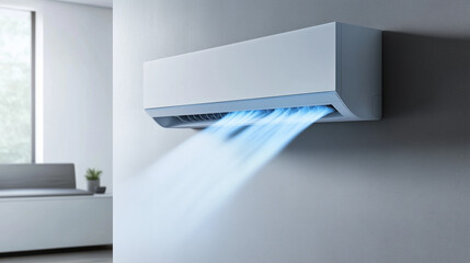 Wall-mounted air conditioner blowing cool air in modern interior