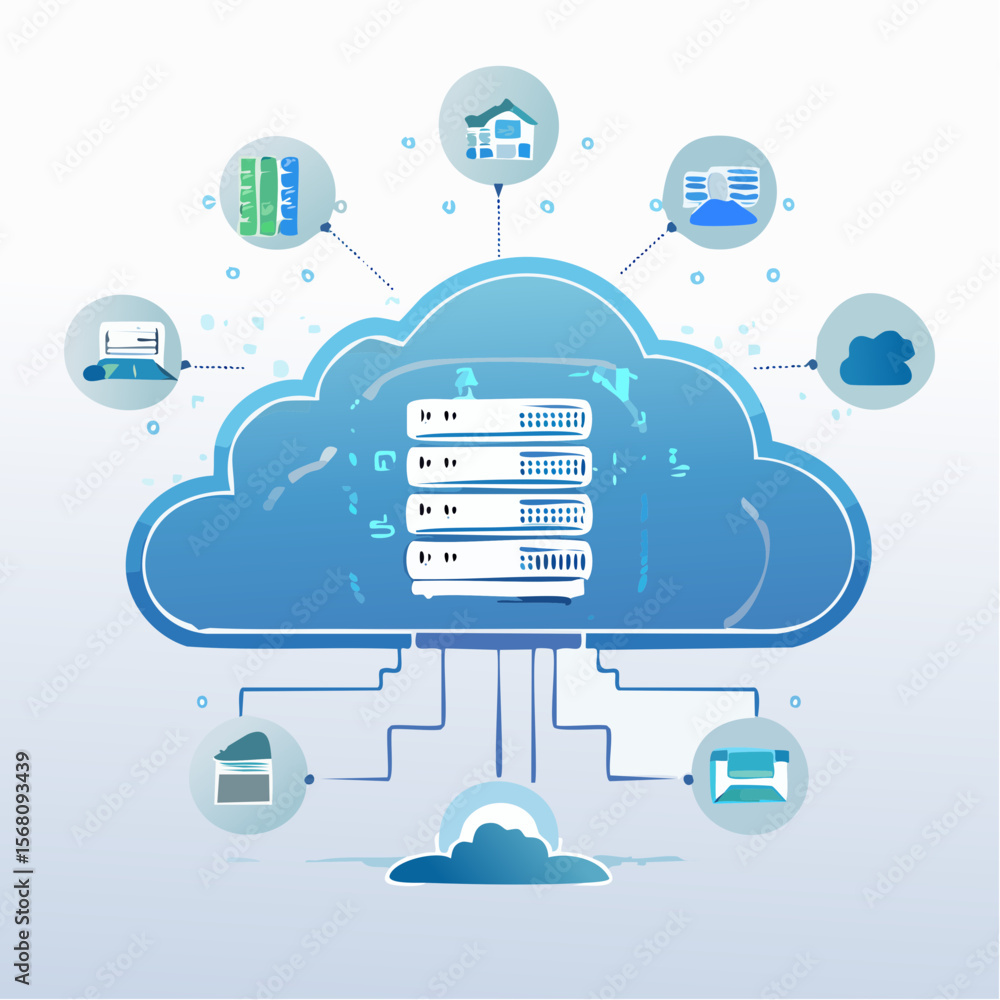 Poster cloud computing concept illustration showing data servers and interconnected digital icons
