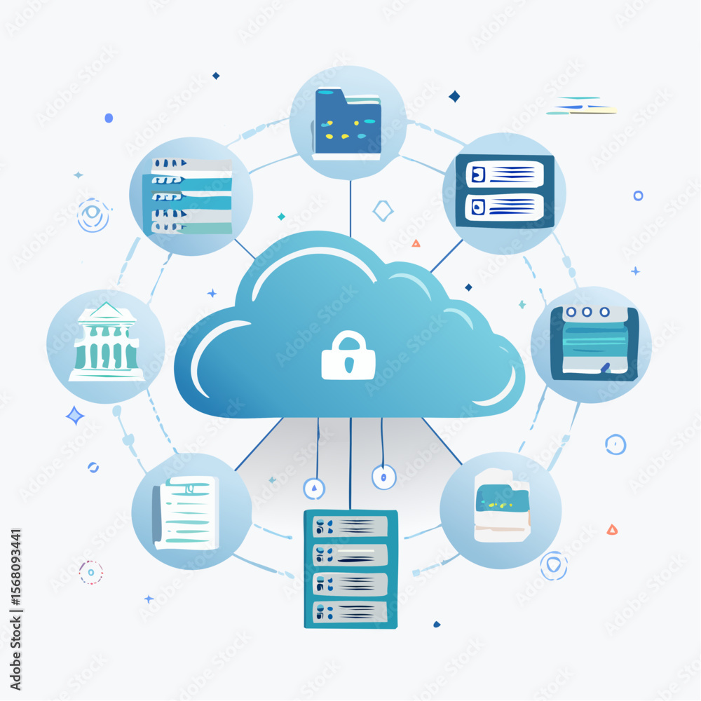Poster cloud computing concept illustration featuring data storage and information transfer