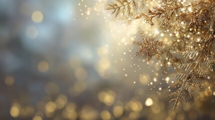 Glittering golden snowflakes dancing across blurred luminous background, capturing enchanting winter holiday spirit with sophisticated seasonal charm