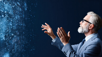 A senior man with glasses interacts with a digital holographic interface displaying data and technology elements on a dark blue background.
