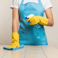 Female adult cleaning: yellow gloves, blue apron, spray bottle on tiled surface