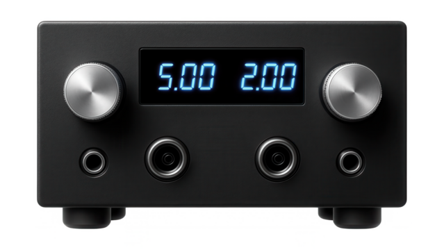 Dual-output linear power supply with a sleek black finish, ideal for a tech enthusiast's bedroom to charge multiple gadgets simultaneously.