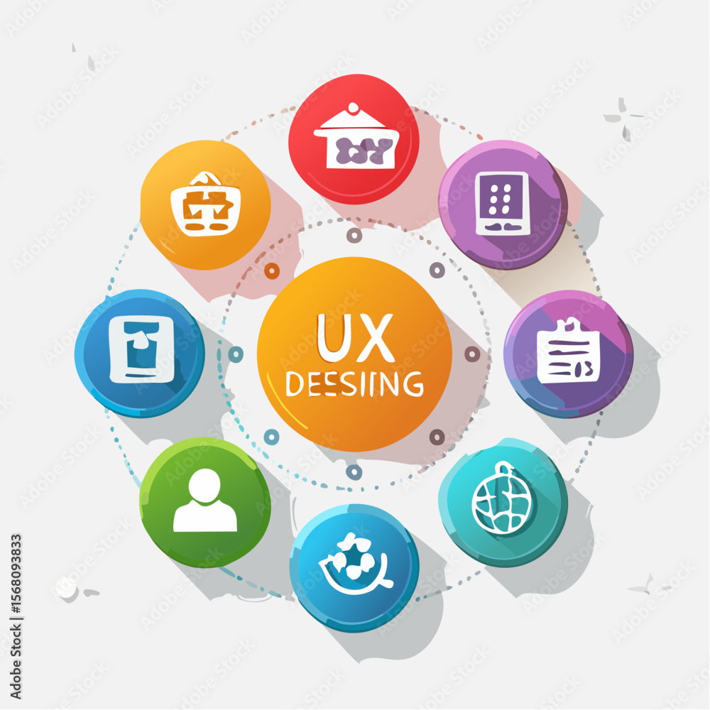 Poster colorful ux design elements arranged in a circular pattern on a light background