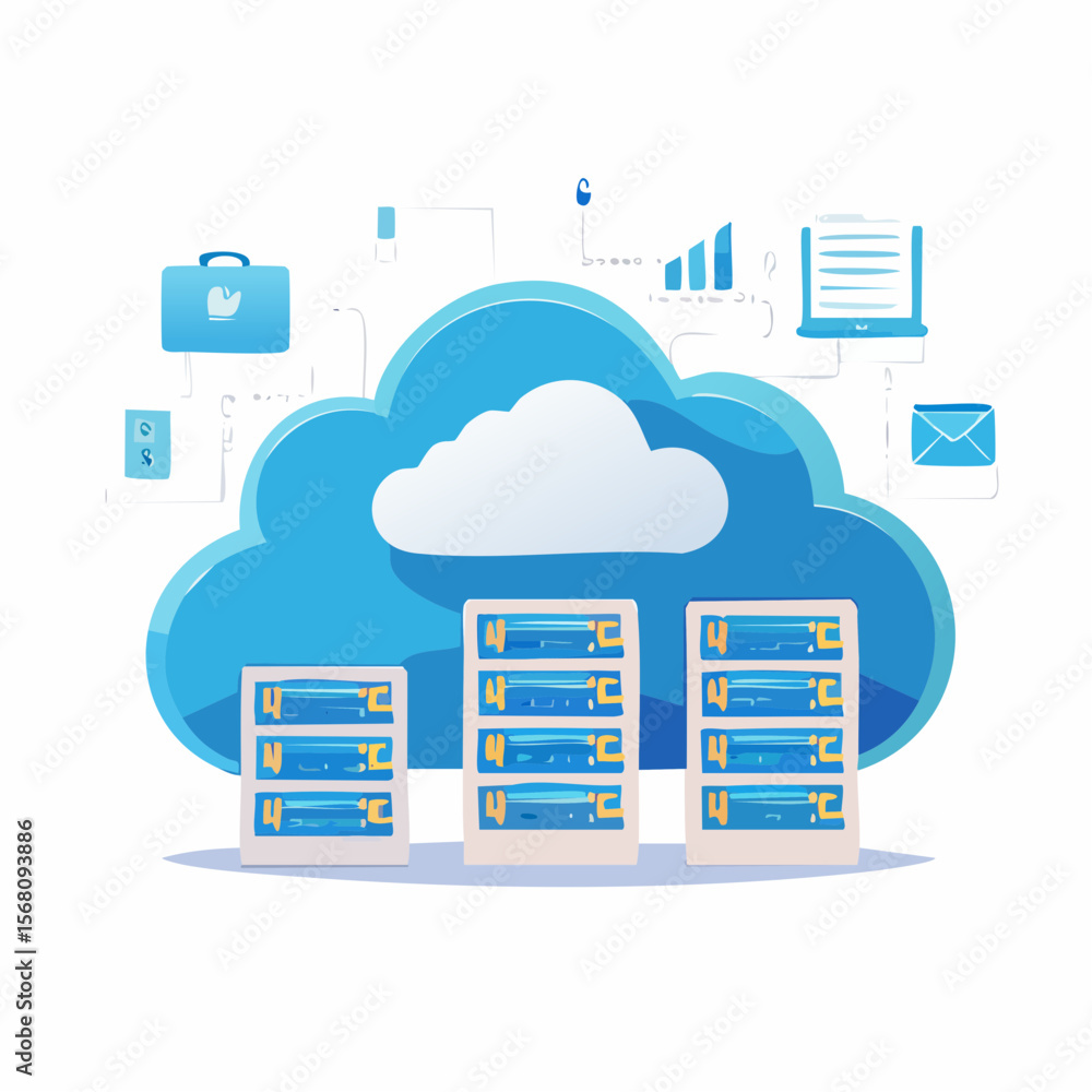 Poster colorful vector illustration showcasing cloud computing and data storage servers.