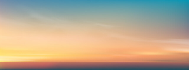Sunrise Sky in Yellow,Blue color over Sea Beach,Panoramic Sunset Sky,Cloud Background,Vector Summer Nature Yellow Sky on blue ocean in Spring,Horizontal Cartoon Autumn Landscape with sunlight, clouds