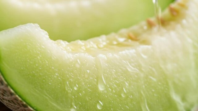Close up sequence of fresh green melon slice with dripping water droplets showing natural