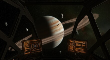 Astronautical vantage gazing upon ringed celestial orb from starcraft cockpit ambiance