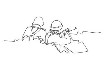 two soldiers aim at the enemy from a puddle.  world war concept. Single line draw design. Vector graphic illustration