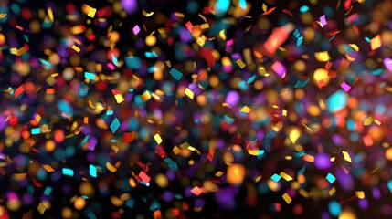Naklejka premium Colorful confetti falling on dark surface, creating festive mood with bursting energy, celebrating moments of happiness and special occasion excitement