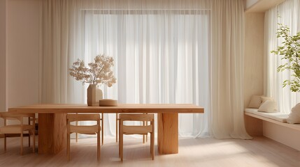 An 8k resolution shot of an open-plan minimalist dining area with sleek wooden table, light chairs, soft natural light streaming through sheer curtains, warm earthy palette reflecting Scandinavian 