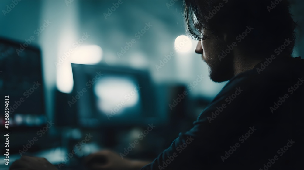 Poster a person working in a clean well lit workspace with two computer monitors