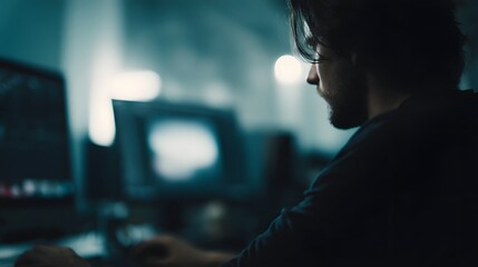 A person working in a clean well lit workspace with two computer monitors
