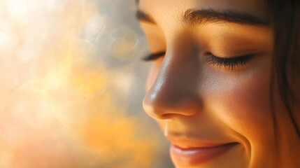 Close-up profile of a smiling young woman with eyes closed, bathed in warm, golden light