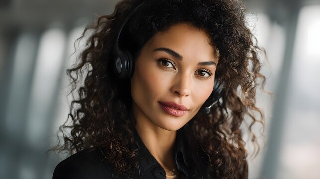 Confident woman in virtual office meeting with headset