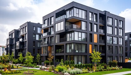Modern apartment complex. Lush landscaping surrounds