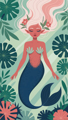 Illustration of a cute mermaid girl swimming underwater. Vector graphics. EPS.