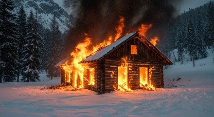 Inferno in winter a remote cabin engulfed by flames amid a snowy landscape