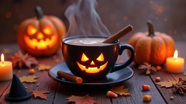 Halloween Pumpkin Coffee Cup with Cinnamon and Candies &ndash; Cozy Autumn Mood 2025