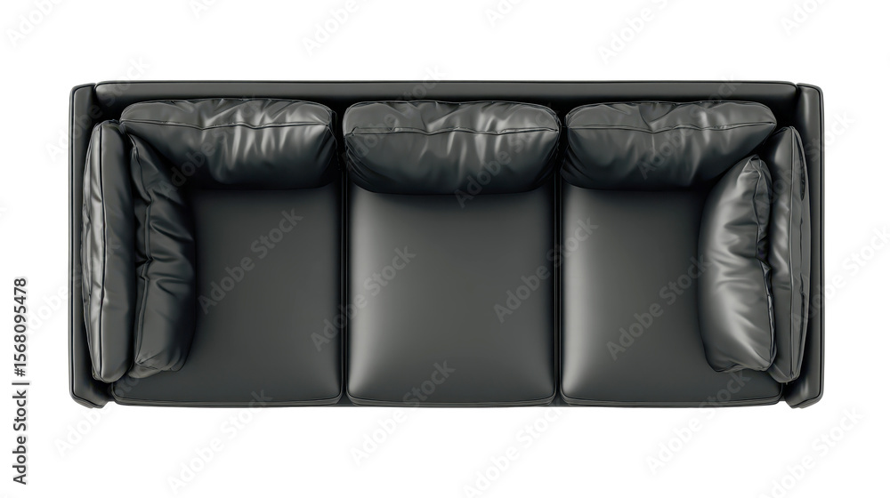 Fototapete black leather sofa viewed from overhead, floating on transparent background, highlighting minimalist