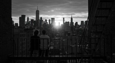 Rooftop serenity: a couple contemplates the majestic cityscape of New York at dusk