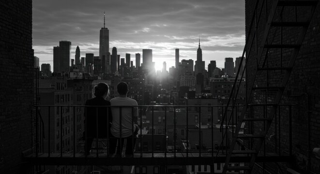 Rooftop serenity: a couple contemplates the majestic cityscape of New York at dusk