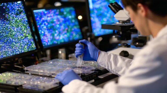High-angle view of medical lab table covered in pipettes, sample trays, microscope, and glowing display monitors; scientist in gloves performs delicate tissue culture experiment.