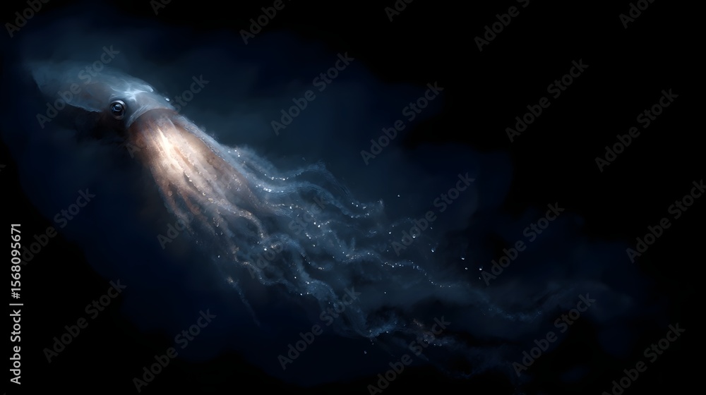Poster glowing squid escaping with bioluminescent trails of light