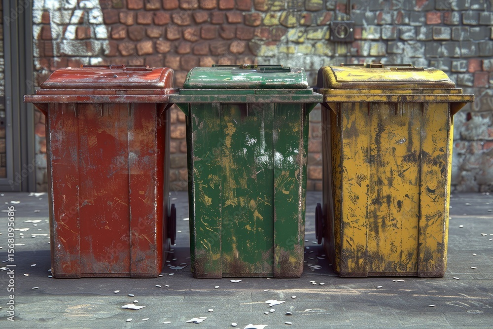 Fototapete Detailed Image of Set of Garbage Containers 3D Rendering