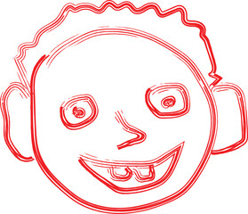 Playful red hand-drawn cartoon face with big ears and teeth, fun childlike doodle vector art