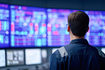 A person wearing glasses monitors multiple digital screens displaying data and charts in a high-tech control room.