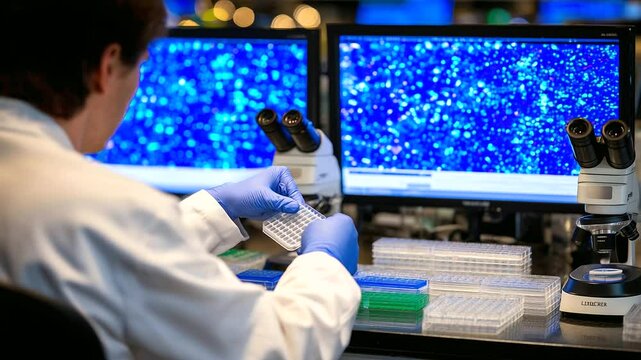 High-angle view of medical lab table covered in pipettes, sample trays, microscope, and glowing display monitors; scientist in gloves performs delicate tissue culture experiment.