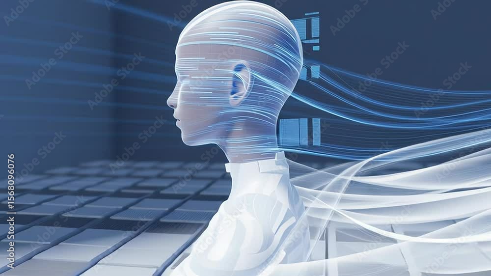 Poster futuristic humanoid robot with translucent features, surrounded by digital data streams and binary c