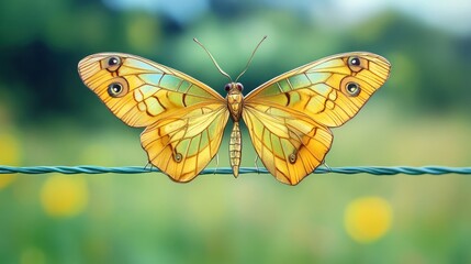 Detailed Butterfly Resting on Wire Against Green Backdrop