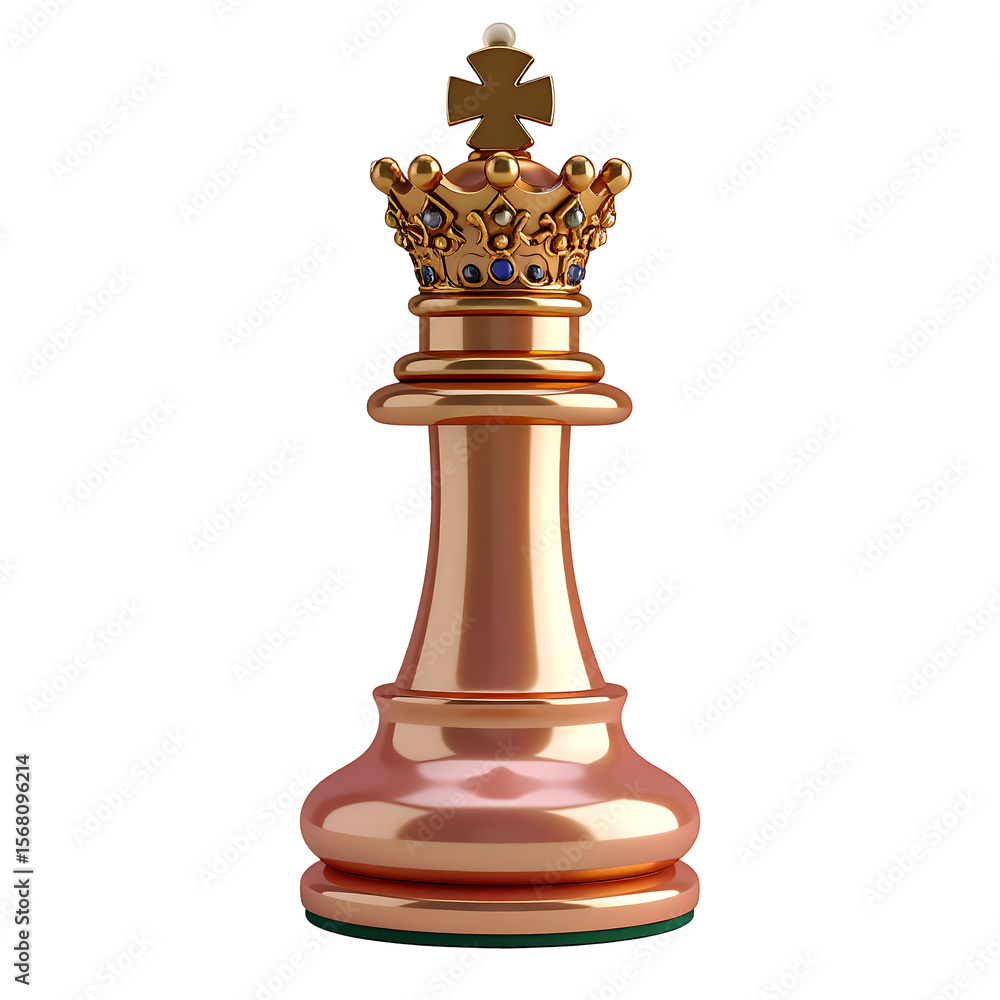 Poster floating golden chess queen piece with smooth crown tip and glossy base on transparent background