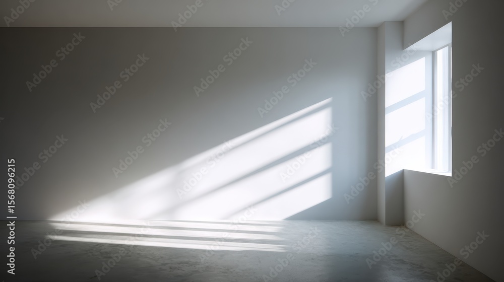 Poster natural sunlight filtering through window, casting soft shadows across empty room interior, highligh