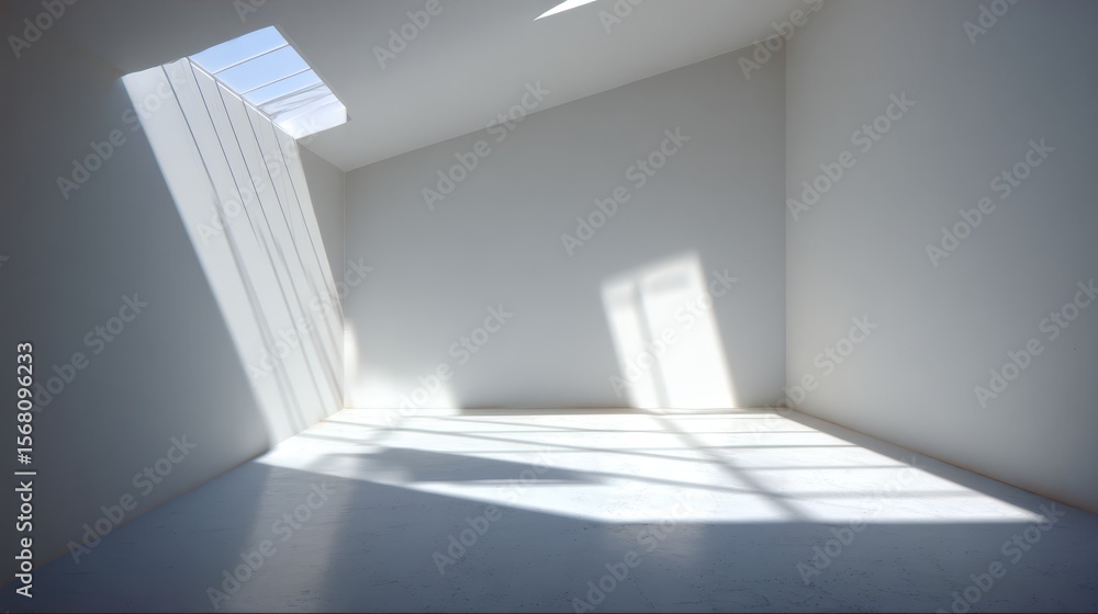 Poster bright sunlight filtering through overhead window, casting sharp shadows across minimalist white int