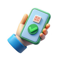 3d cartoon hand holding smartphone with qr code and checkmark isolated on white background