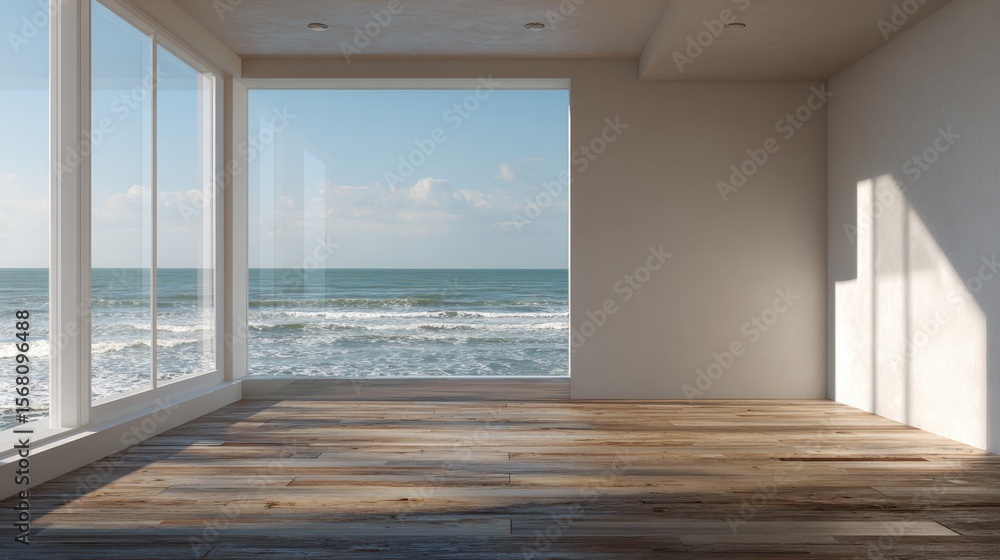 Poster sunlight illuminates an empty room with a wooden floor and large windows offering a breathtaking vie