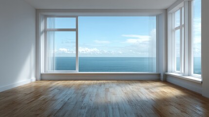 Sunlight streaming through large windows, revealing tranquil blue ocean, empty room radiating minimalist serenity and peaceful coastal ambiance