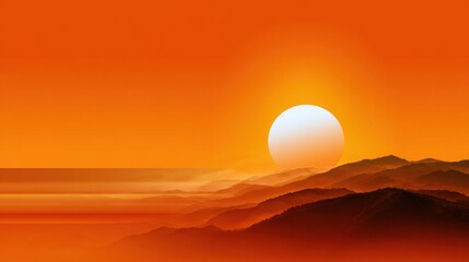 Obraz premium A sunset over a mountain range with a large white sun in the sky
