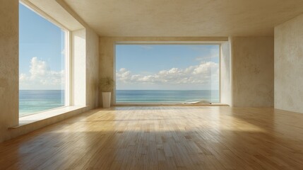Bright sunlight illuminating spacious interior with expansive windows, wooden parquet floor, revealing panoramic ocean vista and minimalist, peaceful ambiance